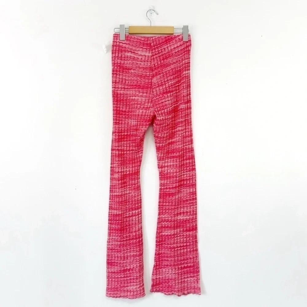 NWT Zara Woman Red Ribbed Stretch Pull On Flare Pants MEDIUM Boho Festival Retro - Picture 4 of 8